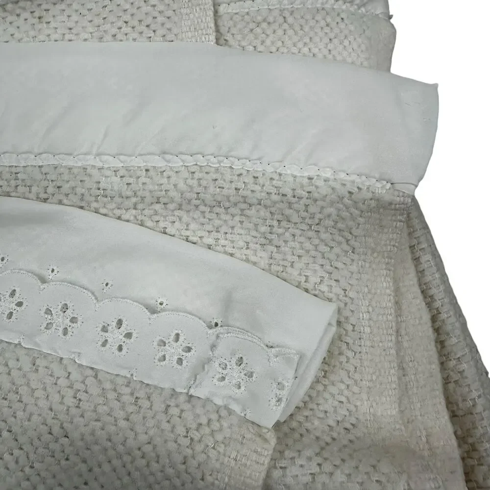 Vintage FARIBO Wool Acrylic Blanket Ivory Satin Trim Woven Texture 68x82 Cottage - Picture 6 of 13